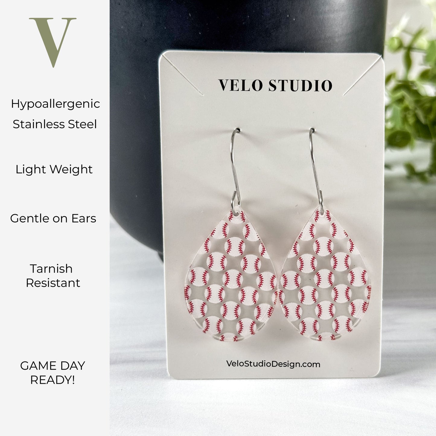 Baseball Earrings on a Velo Studio card with product features listed.