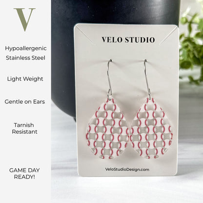 Baseball Earrings on a Velo Studio card with product features listed.