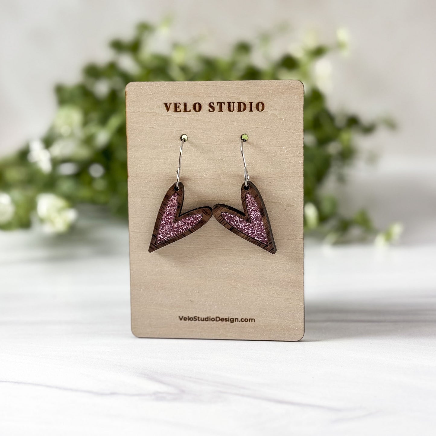 Pink Glitter Heart Dangle Earrings