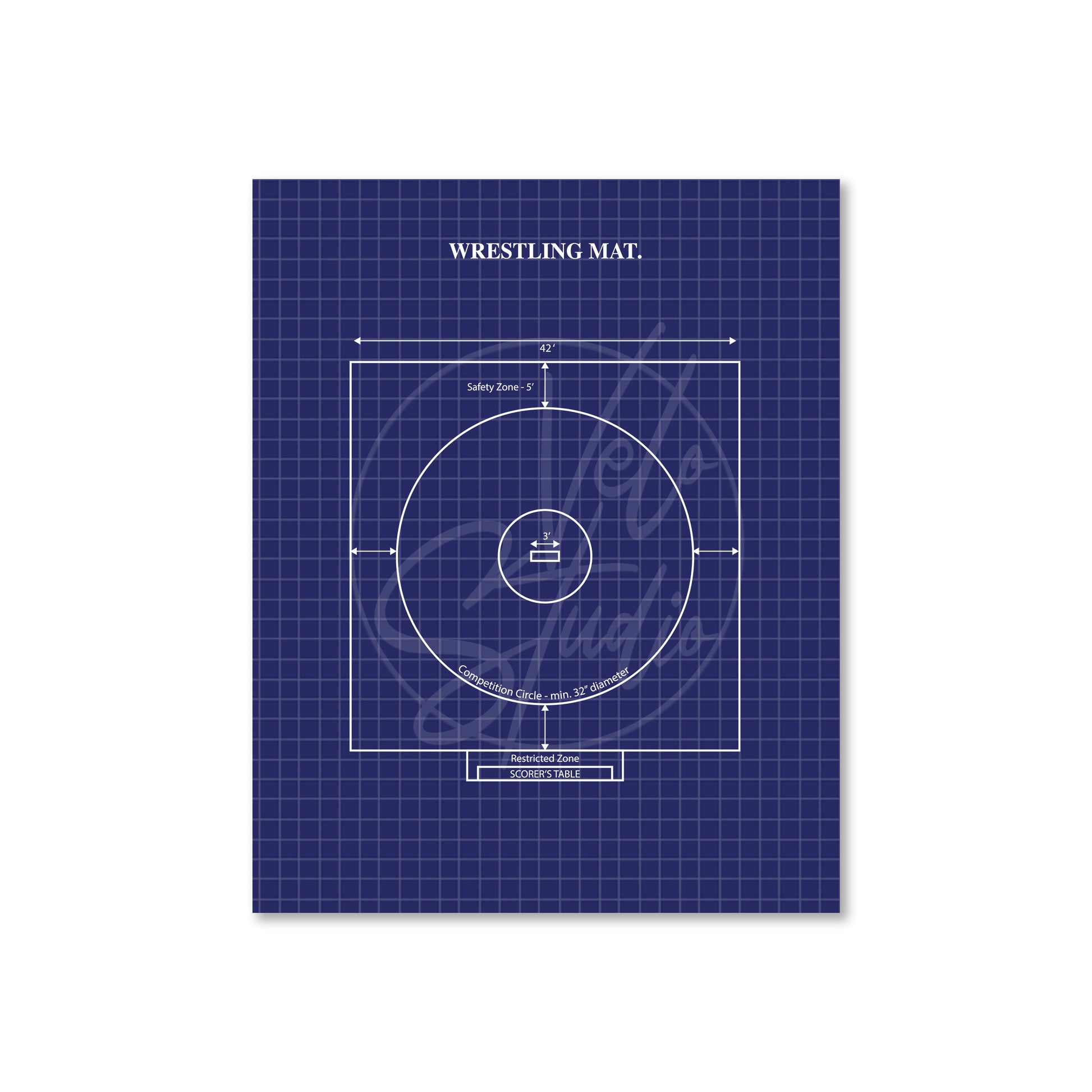 Wrestling mat design on a blue grid background with white graphic