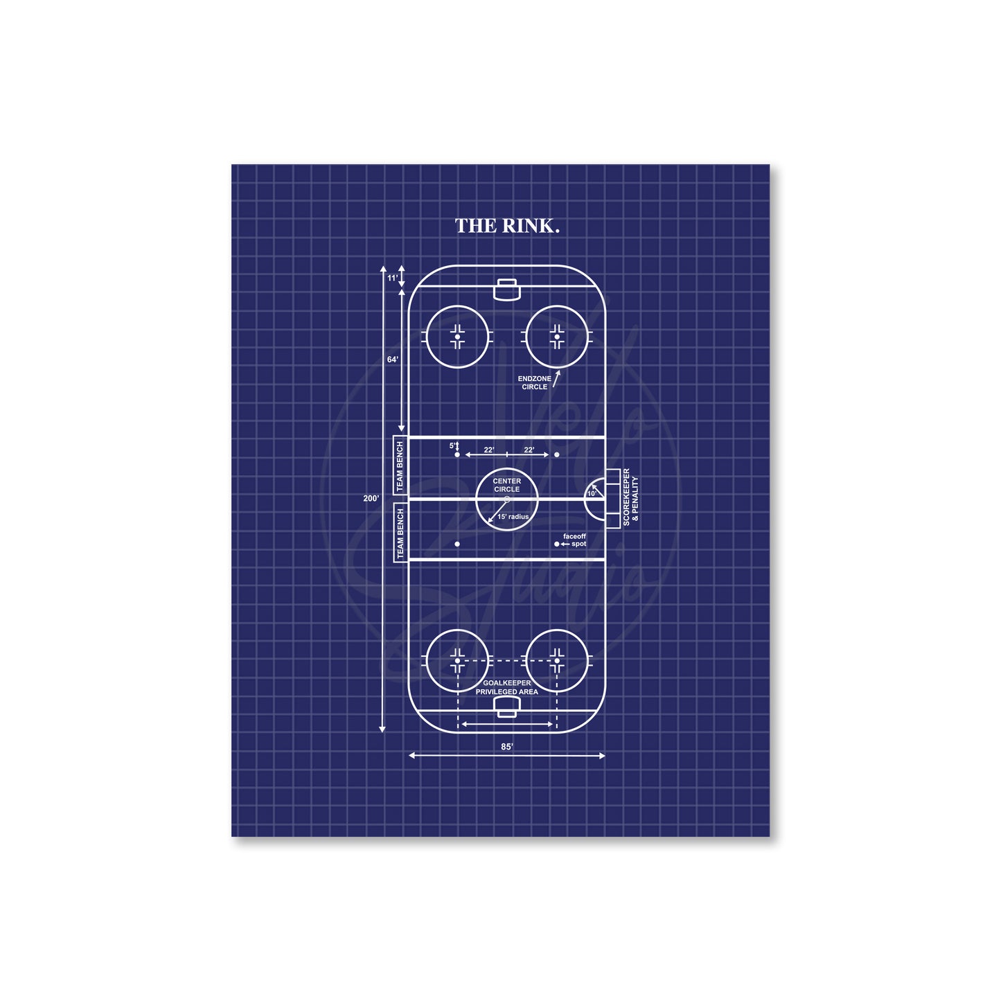 Blueprint-style diagram of an ice rink on a blue grid background