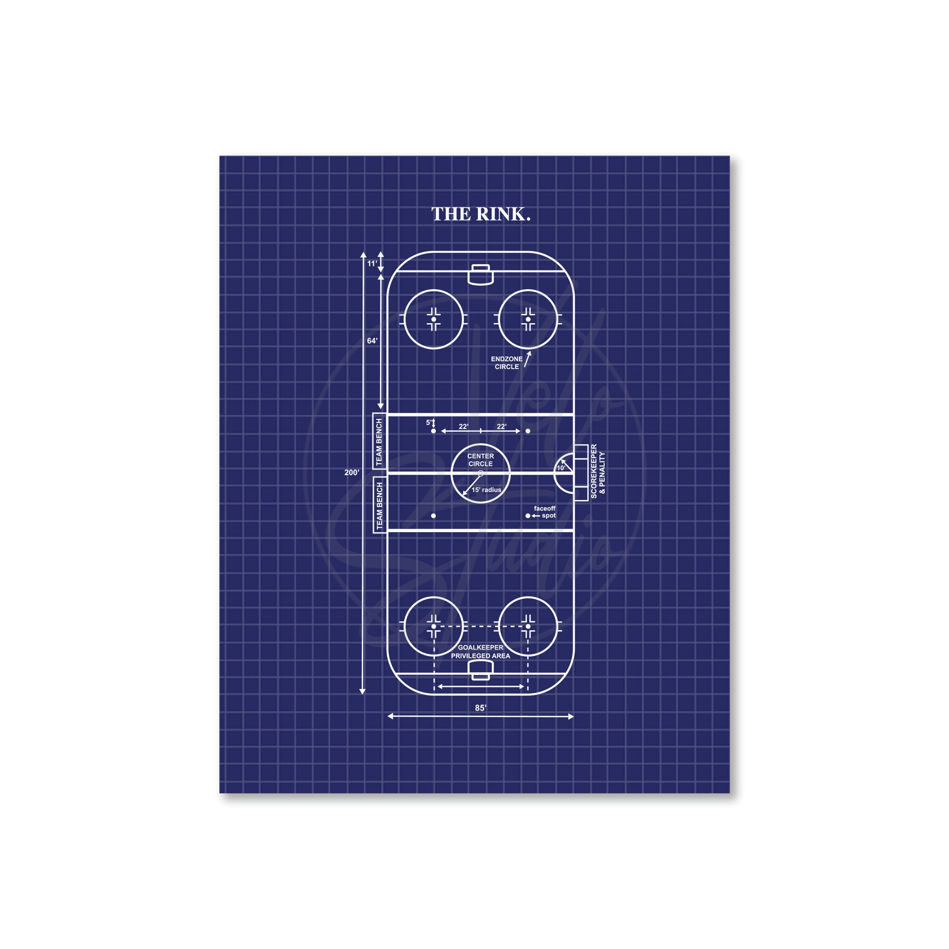 Blueprint-style diagram of an ice rink on a blue grid background