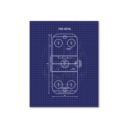 Blueprint-style diagram of an ice rink on a blue grid background
