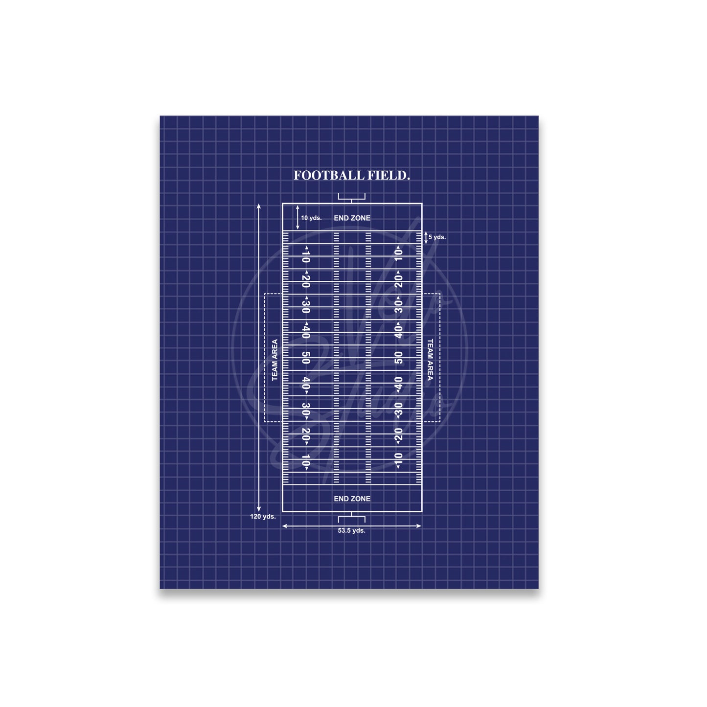 Blueprint-style diagram of a football field on a grid background