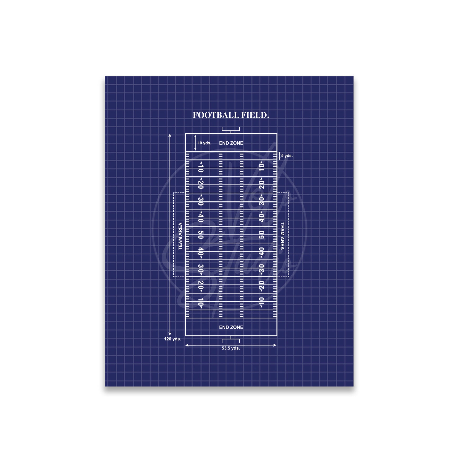 Blueprint-style diagram of a football field on a grid background