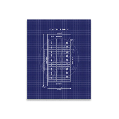 Blueprint-style diagram of a football field on a grid background