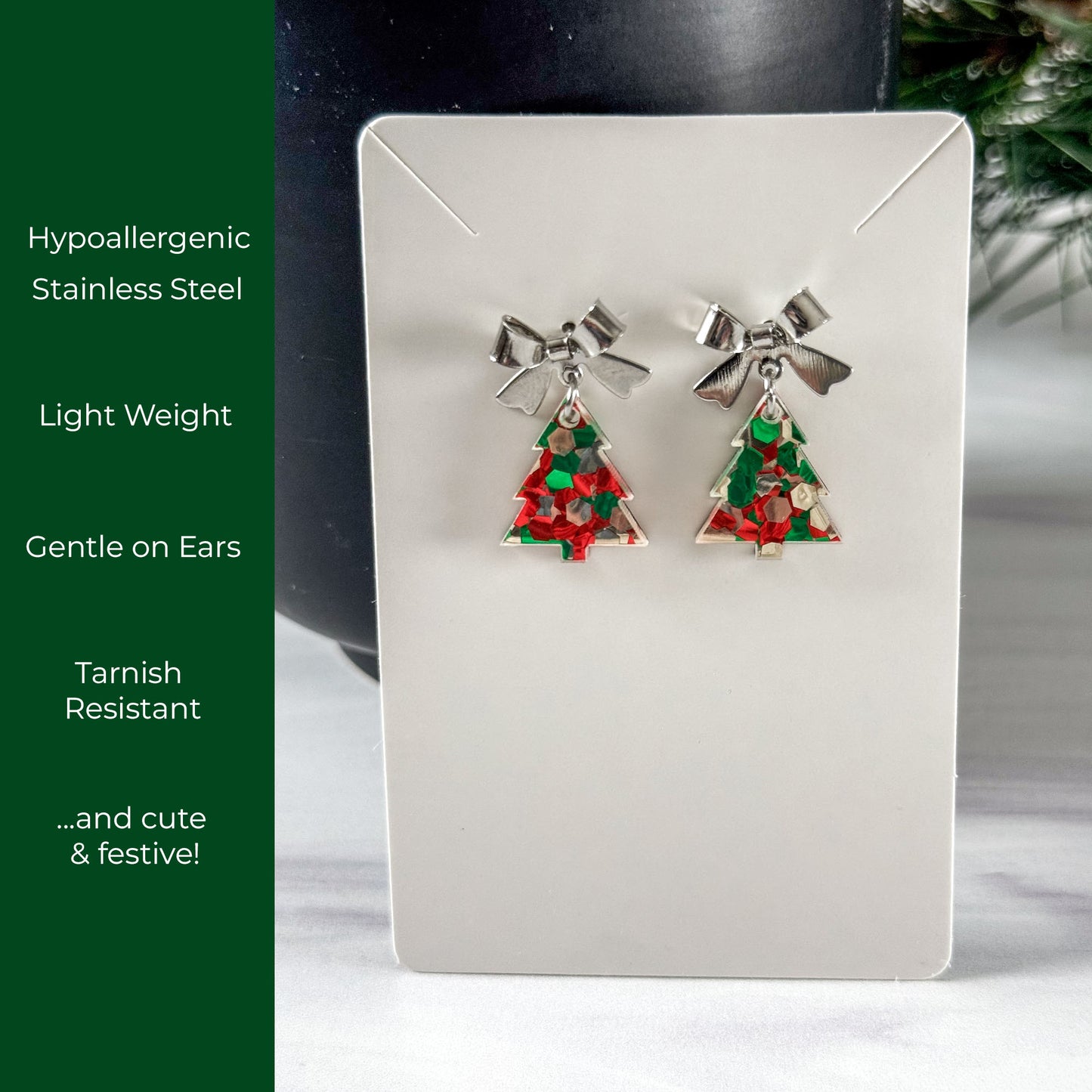 Christmas Tree with Bow - Petite Dangle Earrings