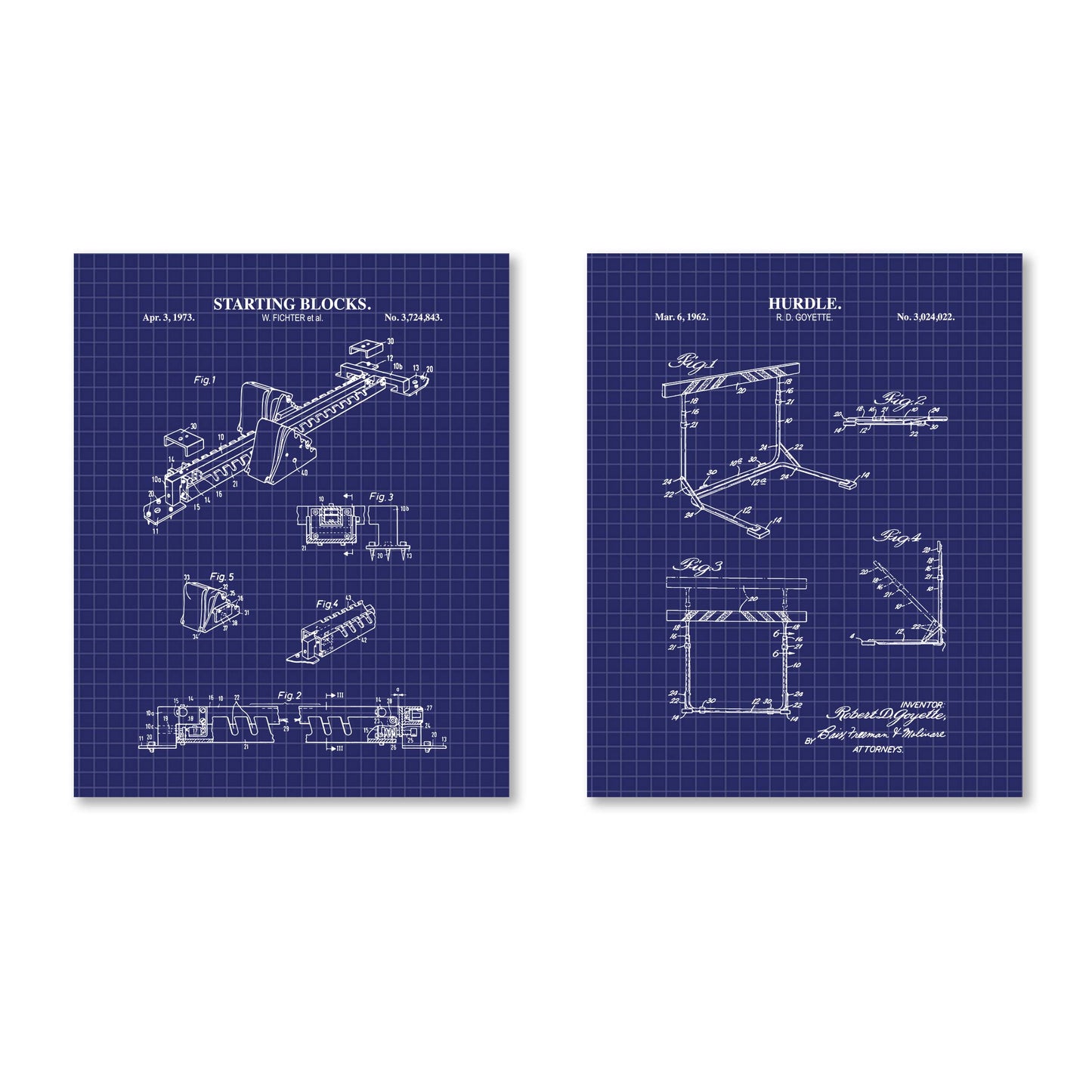 Track & Field Wall Art - Hurdle and Starting Blocks Patent Prints -  Set of 2 Physical Prints