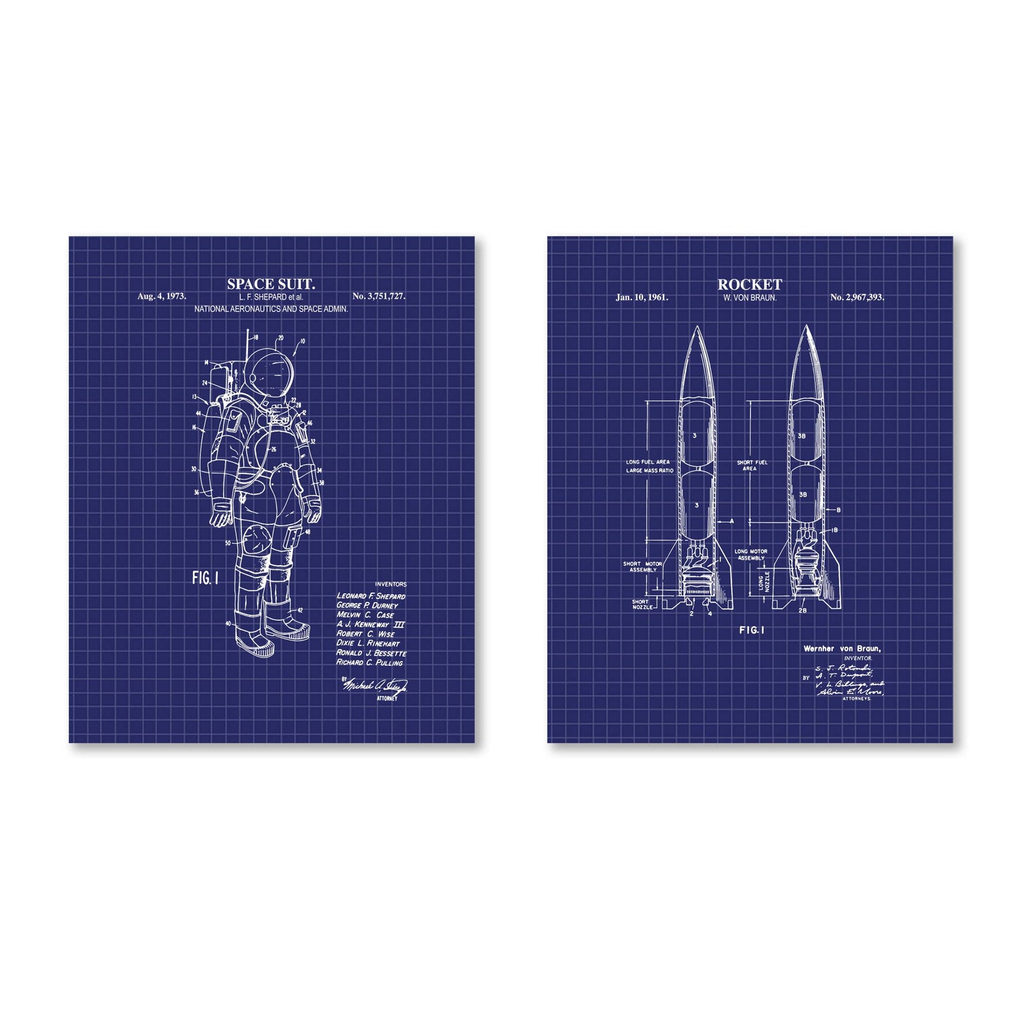 Space Patent Print Set - Rocket & Space Suit Wall Art - Ready to Frame Prints