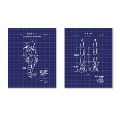 Space Patent Print Set - Rocket & Space Suit Wall Art - Ready to Frame Prints