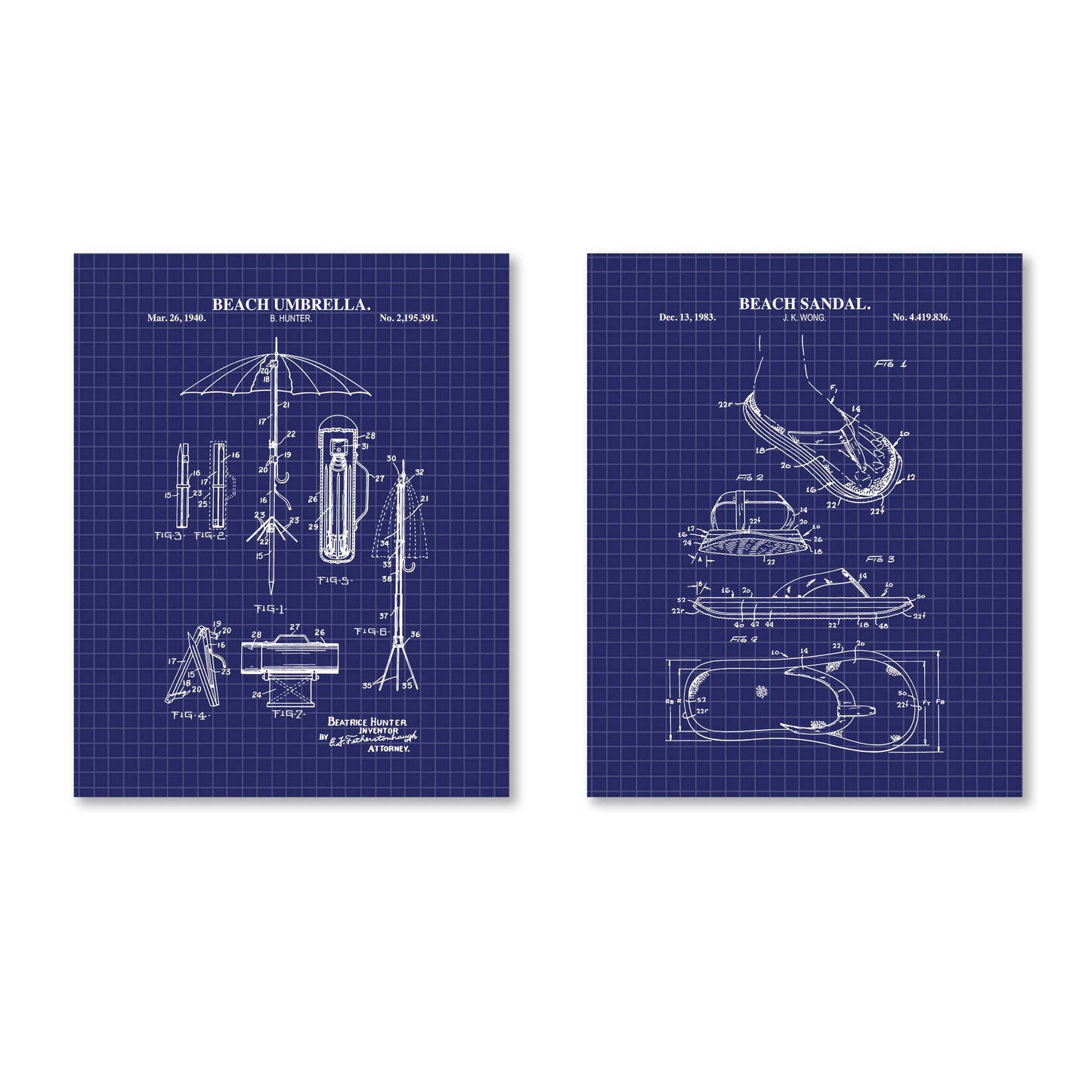 Beach Wall Art Set of 2 -  Flip Flop and Umbrella - Ready to Frame Prints