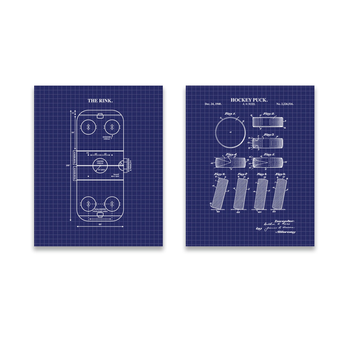 Hockey Wall Art Set - Puck Patent & Rink Diagram - Ready to Frame Prints