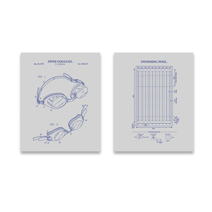 Swimming Wall Art Set - Swim Goggles & Pool- Ready to Frame Prints