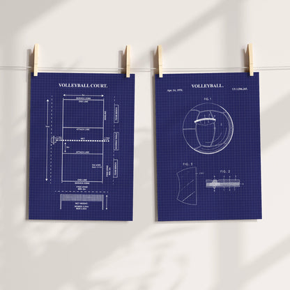 Two navy blue volleyball court patent-style prints clipped to a string against a white wall, with soft shadow overlays.
