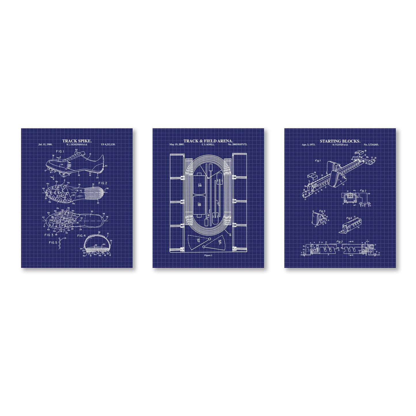 Three blueprint posters featuring track and field equipment designs on a white background.