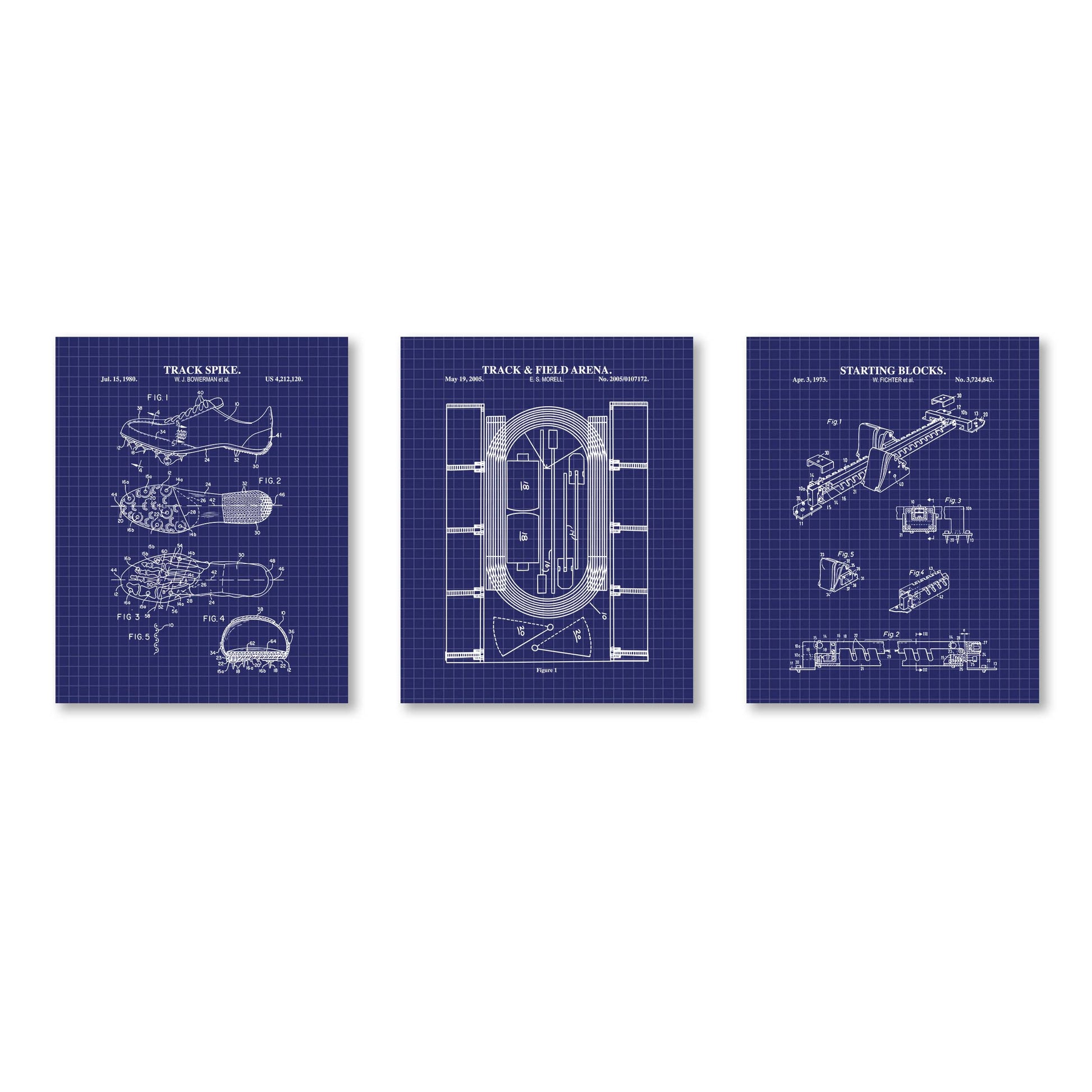 Three blueprint posters featuring track and field equipment designs on a white background.