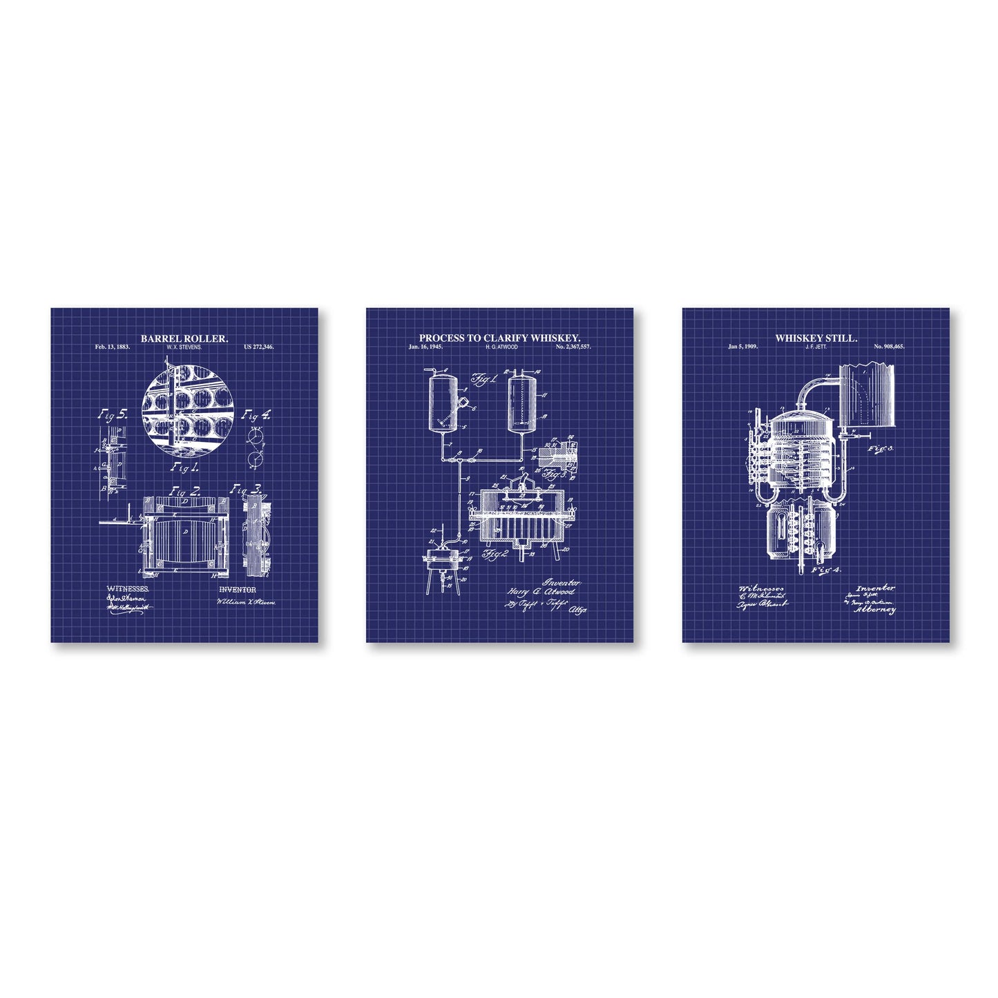 Three blueprints of whiskey making equipment on a white background