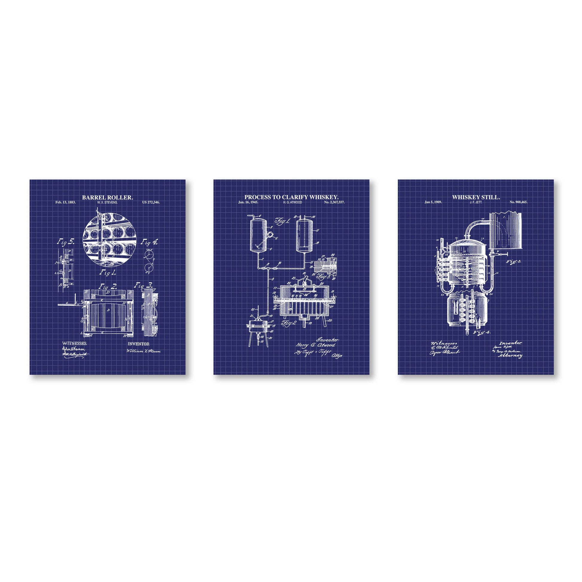 Three blueprints of whiskey making equipment on a white background