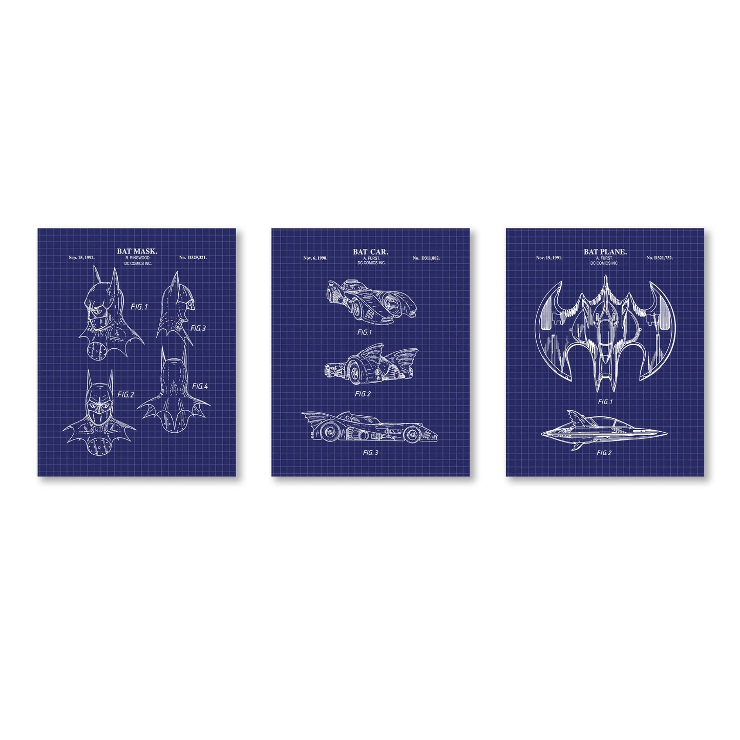 Bat Superhero Patent Print Wall Art - Set of 3 Physical Prints