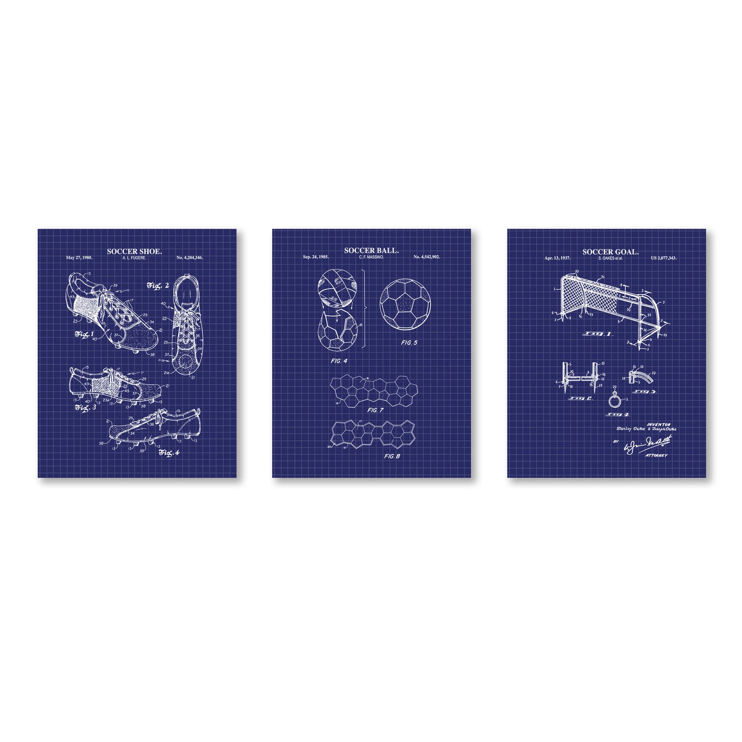 Soccer Patent Wall Art Set - Goal, Shoe, Ball - Ready to Frame Prints