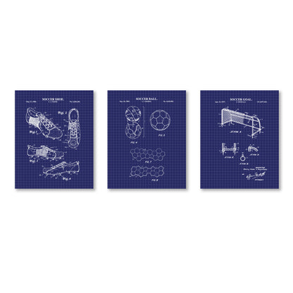 Soccer Patent Wall Art Set - Goal, Shoe, Ball - Ready to Frame Prints