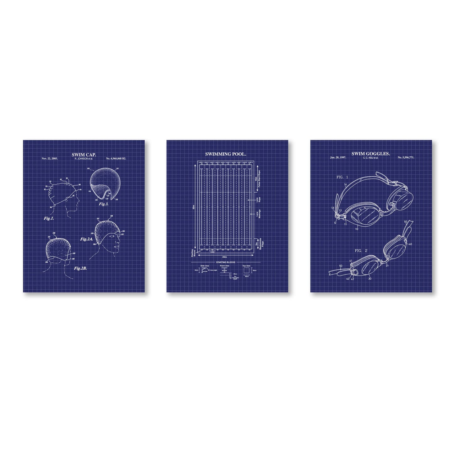 Three blueprints of swim cap, pool design, and swim goggles on a white background
