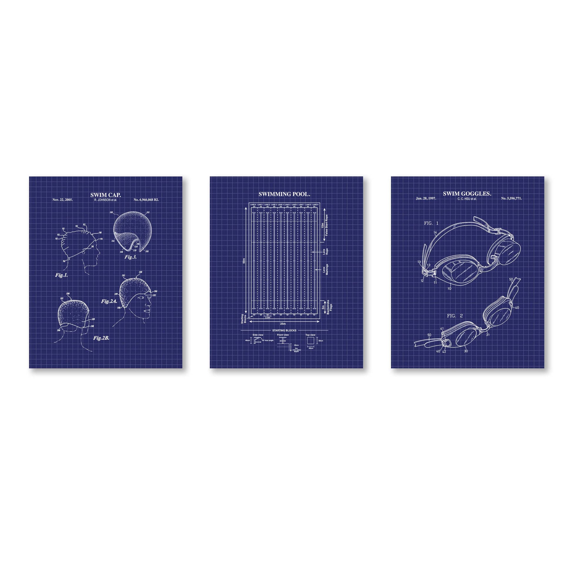 Three blueprints of swim cap, pool design, and swim goggles on a white background