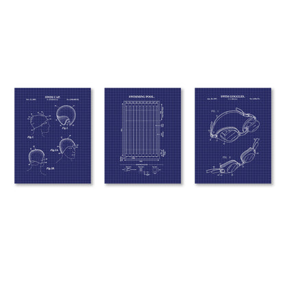 Three blueprints of swim cap, pool design, and swim goggles on a white background