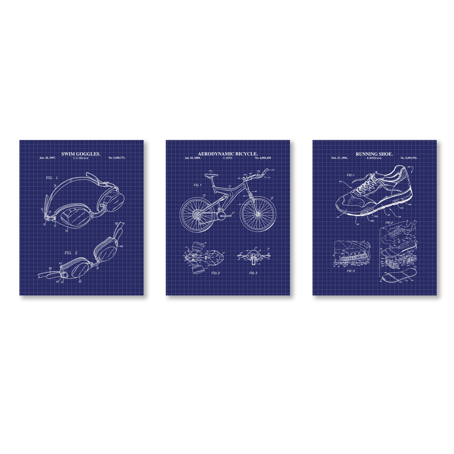 Three blueprints of swim goggles, a bicycle, and a running shoe on a white background.