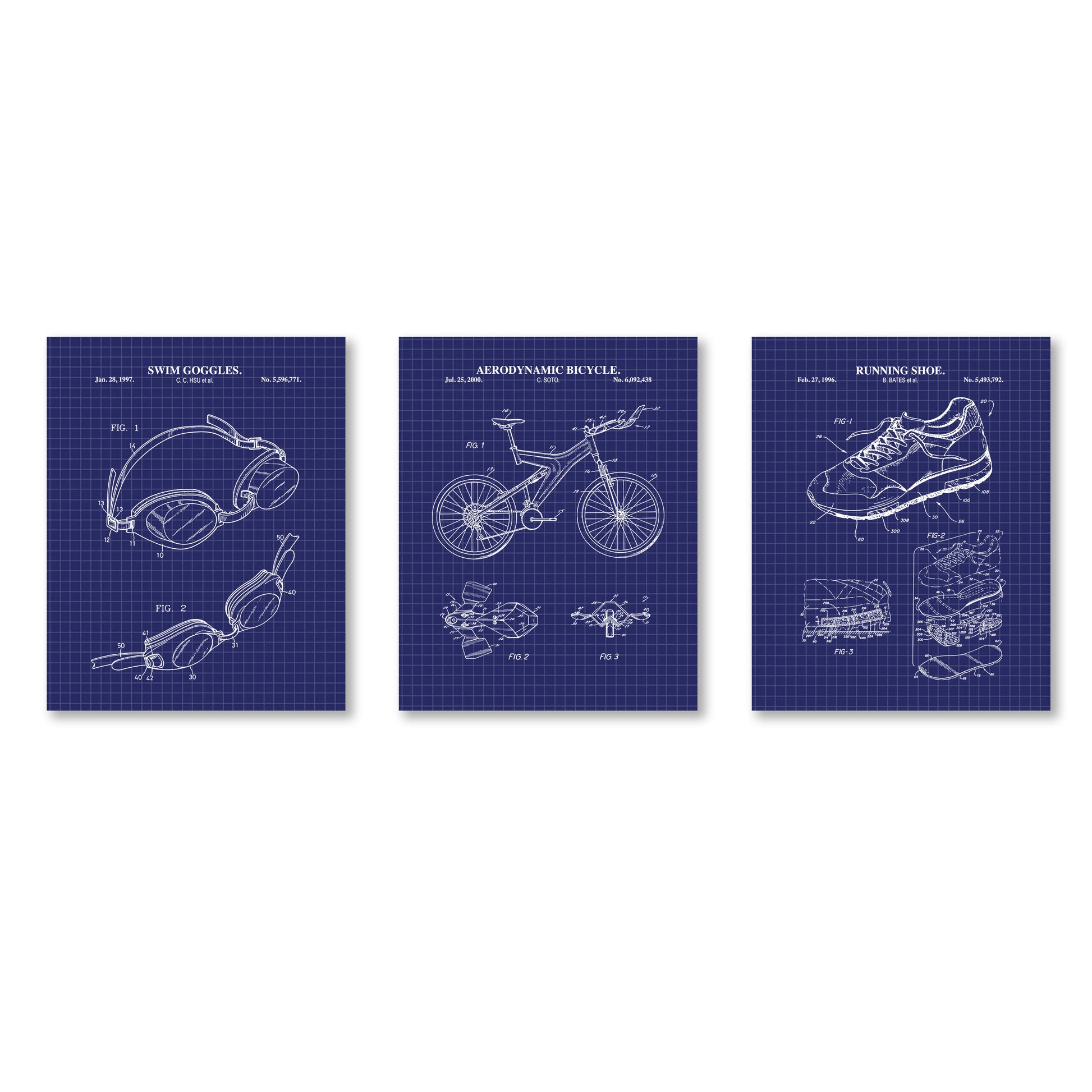 Three blueprints of swim goggles, a bicycle, and a running shoe on a white background.