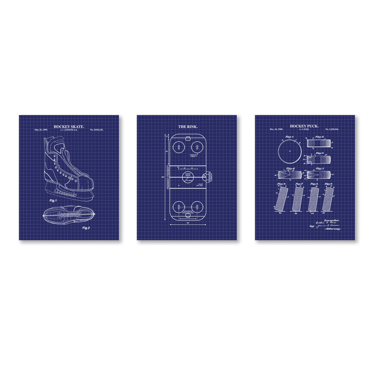 Hockey Wall Art Set - Skate, Puck & Rink - Ready to Frame Prints