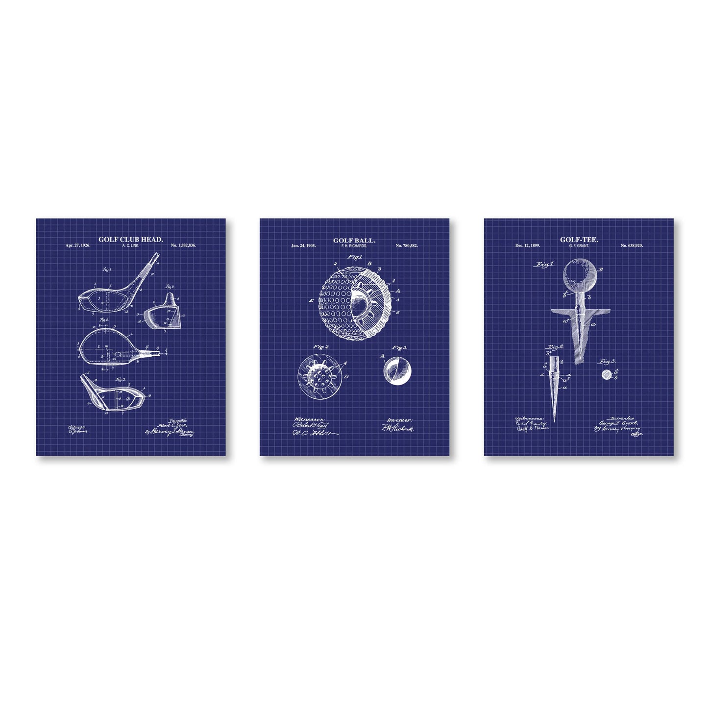 Three golf-themed posters with blueprints on a white background