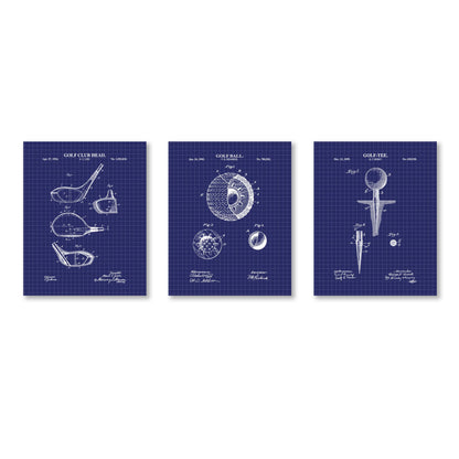 Three golf-themed posters with blueprints on a white background
