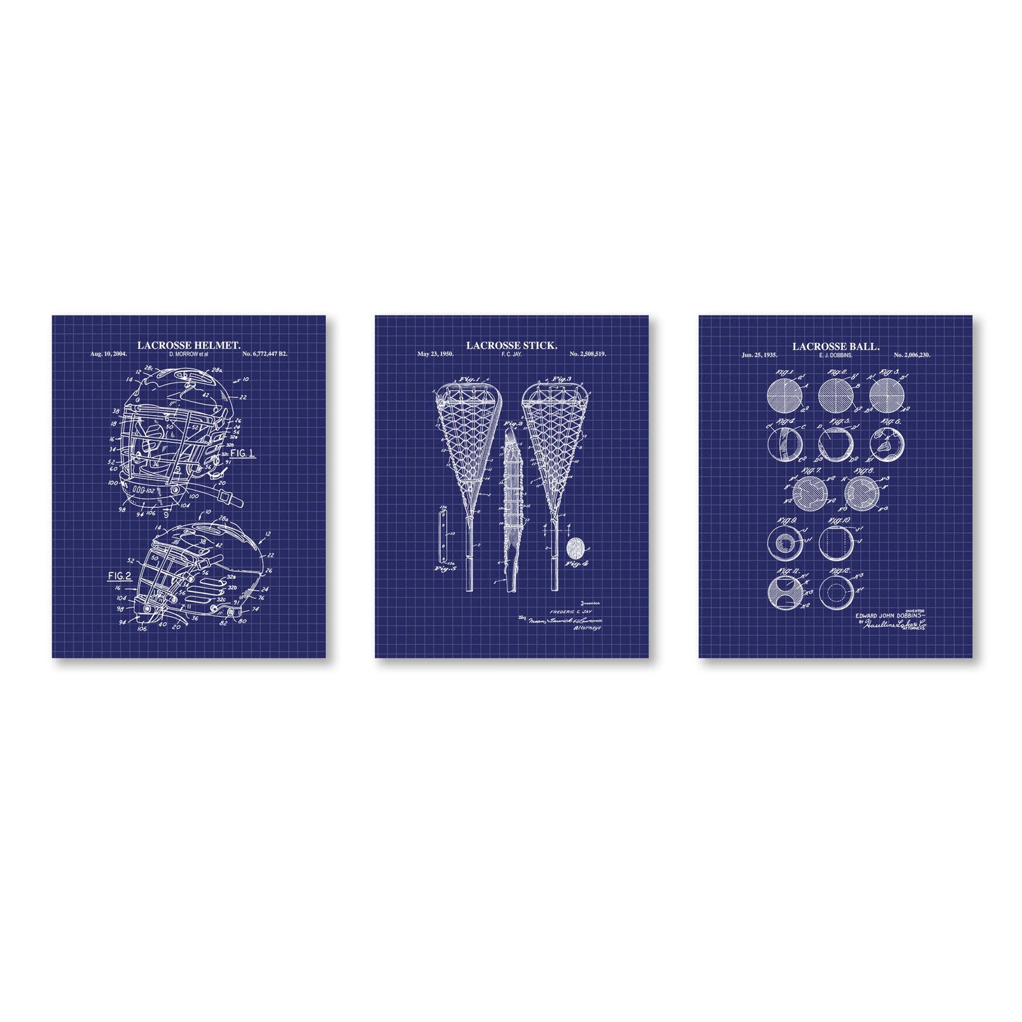 Set of three lacrosse-themed posters with blueprint background and white graphic
