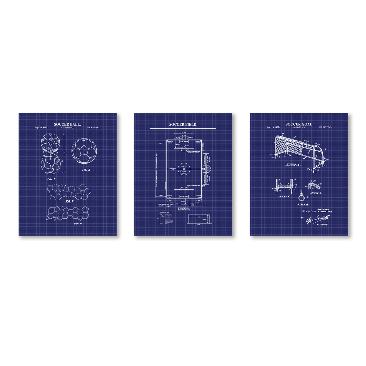 Three vertical blueprint-style wall art prints on a white background, each showing a soccer-related patent drawing: soccer ball, soccer field, and soccer goal. The prints are dark blue with white linework and text.