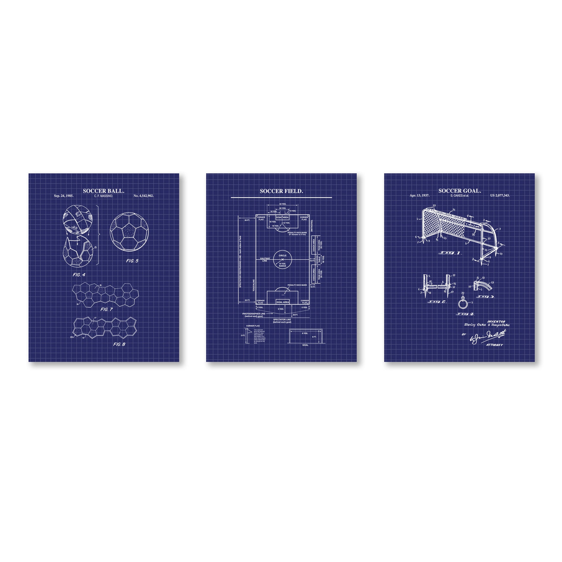 Three vertical blueprint-style wall art prints on a white background, each showing a soccer-related patent drawing: soccer ball, soccer field, and soccer goal. The prints are dark blue with white linework and text.