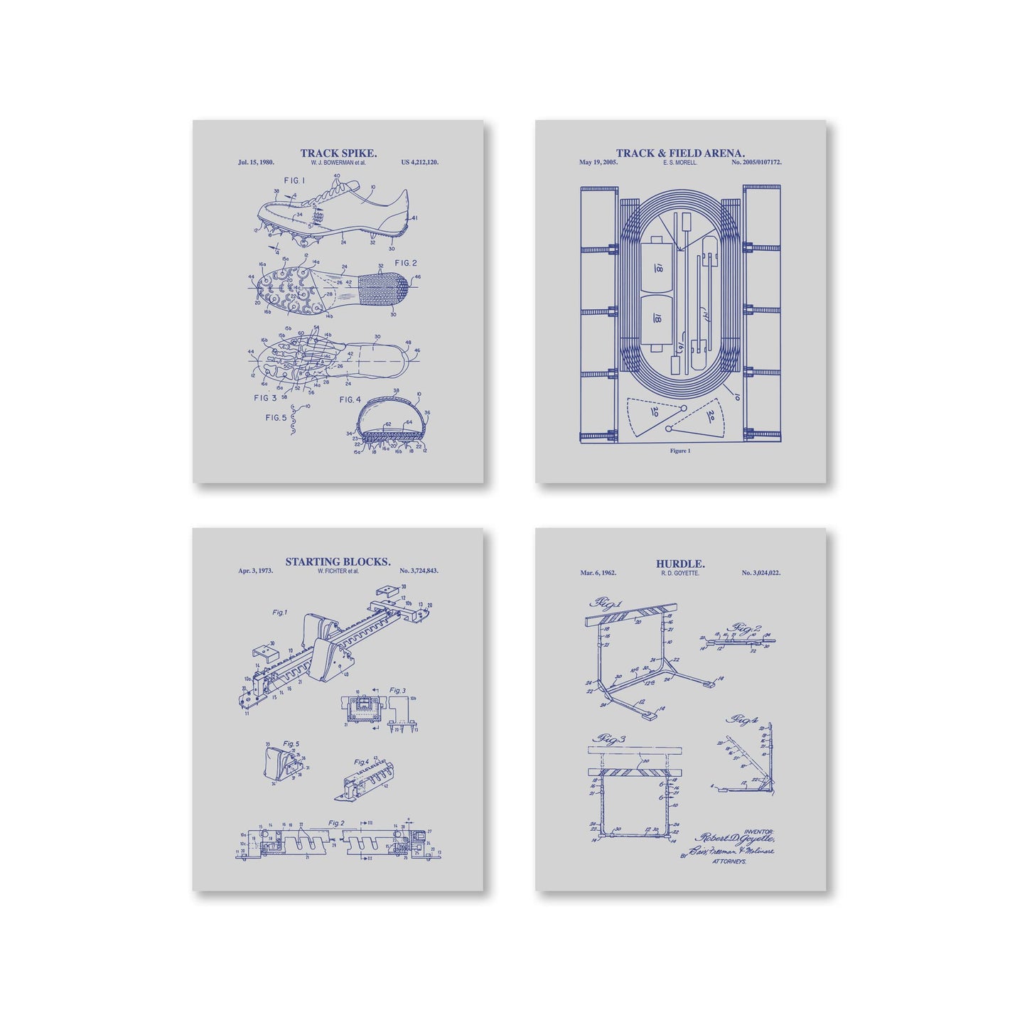 Four gray and navy prints of track and field equipment on a white background