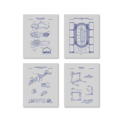 Four gray and navy prints of track and field equipment on a white background
