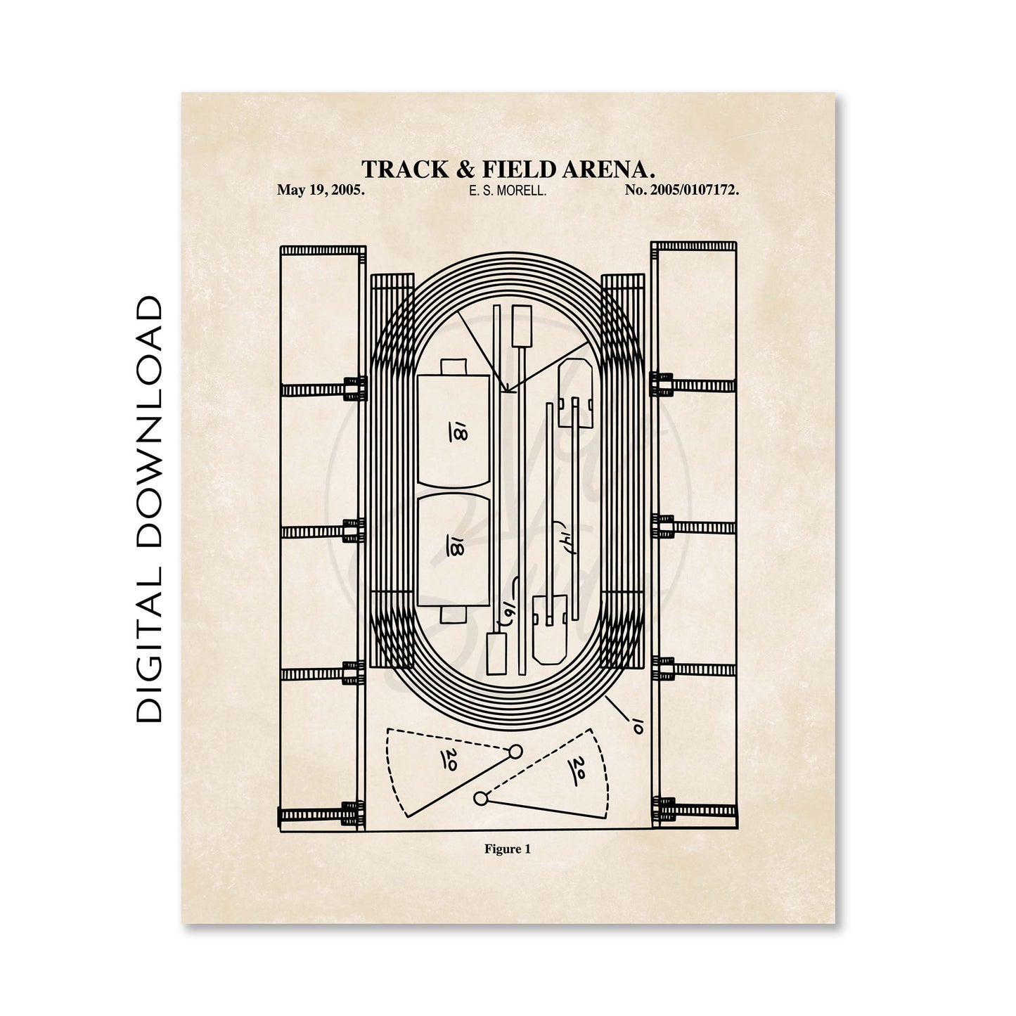 Blueprint of a track and field arena on a beige background with text 'Digital Download' on the left.
