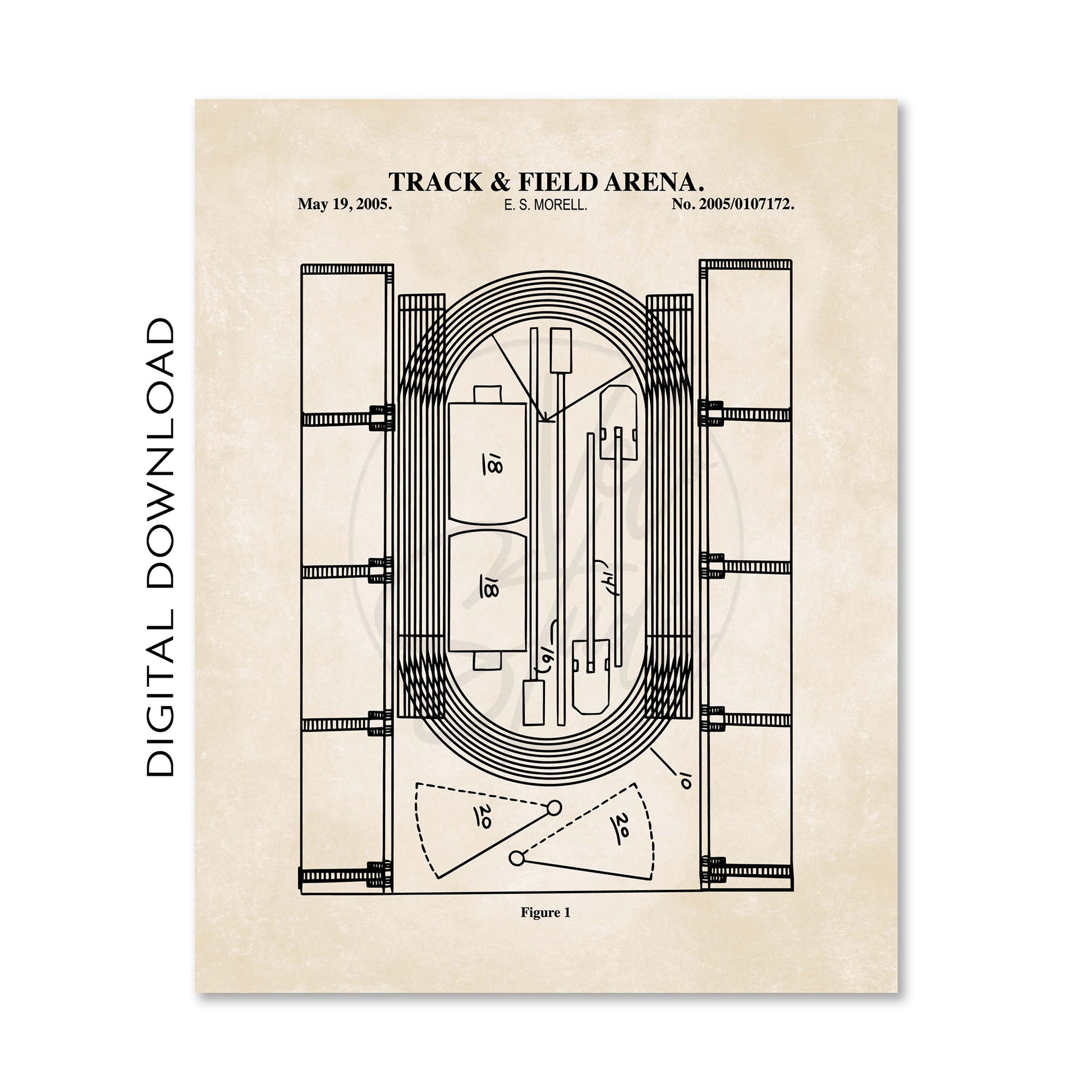Blueprint of a track and field arena on a beige background with text 'Digital Download' on the left.