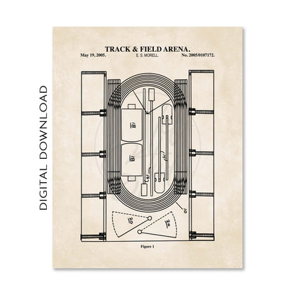 Blueprint of a track and field arena on a beige background with text 'Digital Download' on the left.