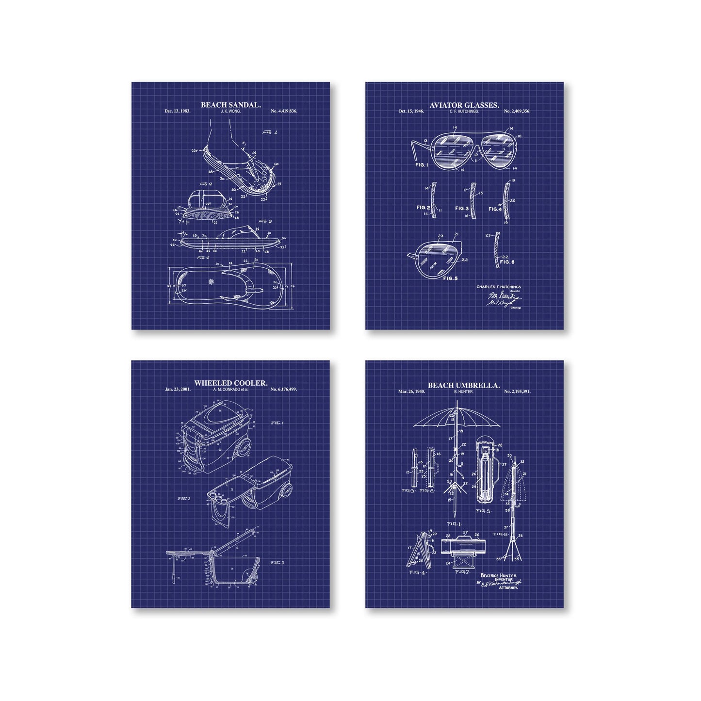 Four beach themed blueprints on a white background