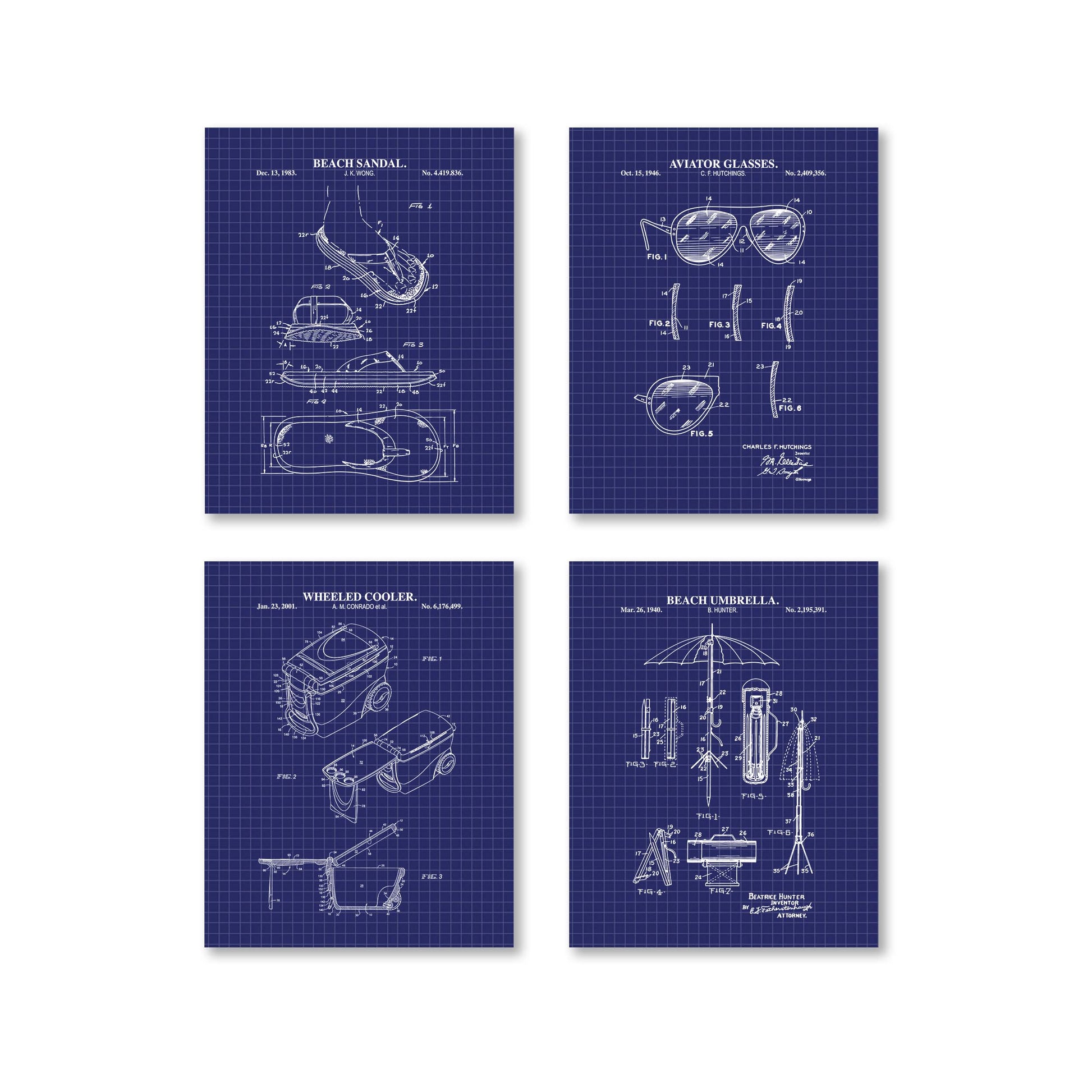 Four beach themed blueprints on a white background