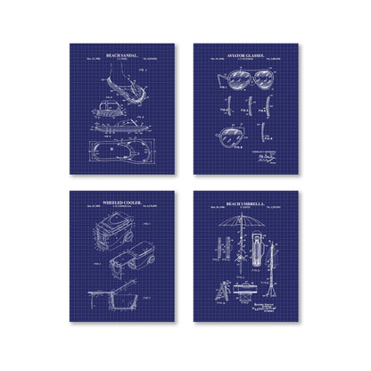 Four beach themed blueprints on a white background