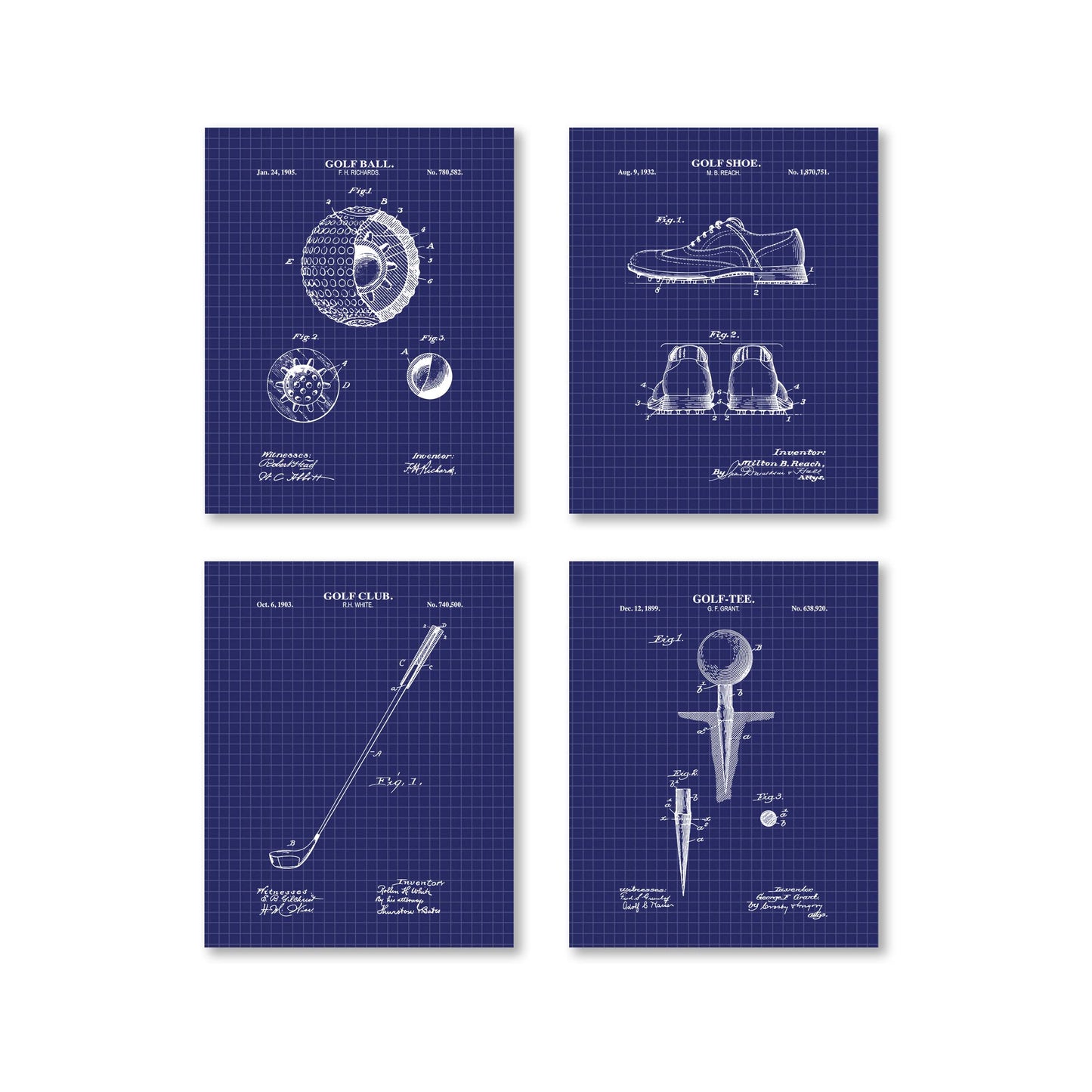 Four blueprints of golf-related items on a white background