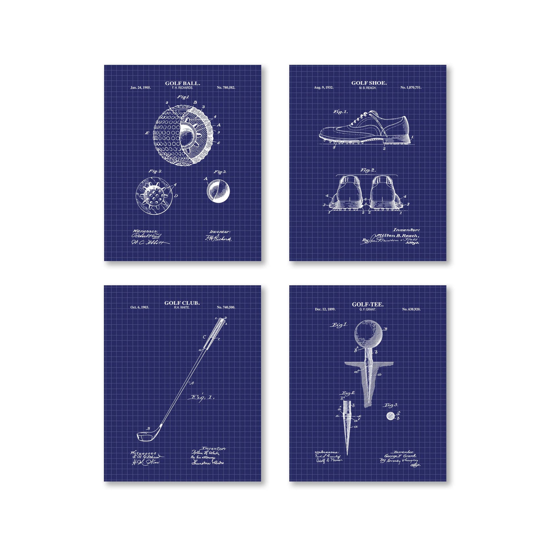 Four blueprints of golf-related items on a white background