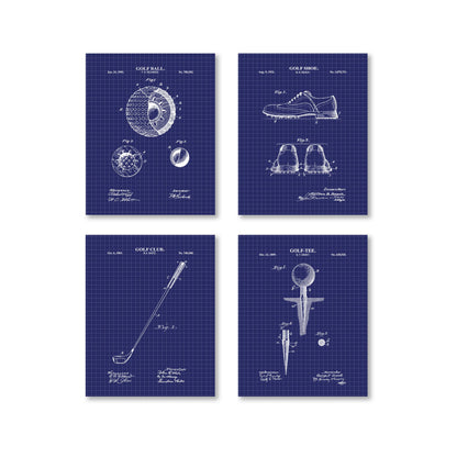 Four blueprints of golf-related items on a white background