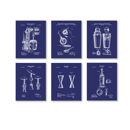 Bar Cart Patent Print Wall Art - Set of 6 Physical Prints