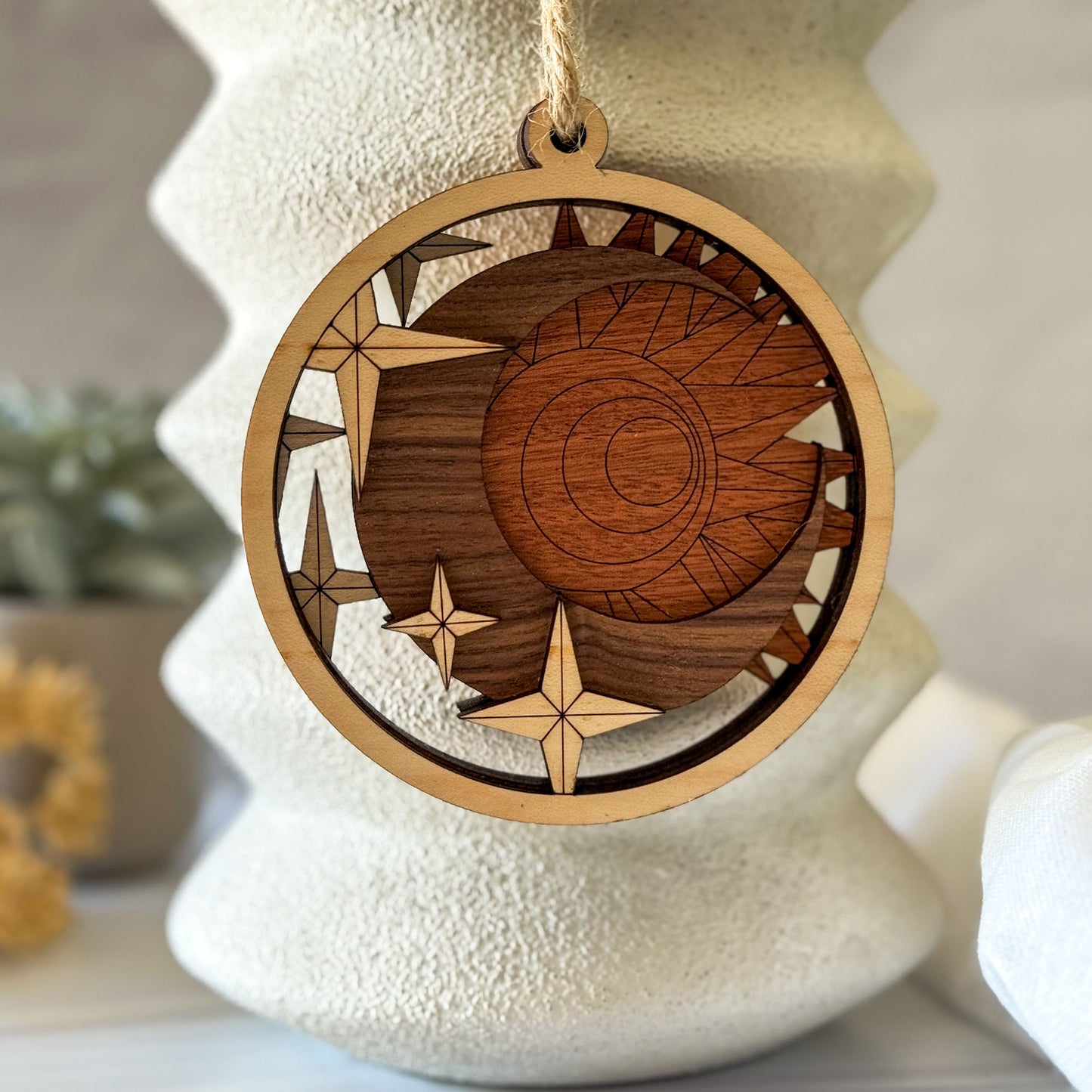 Celestial Sun and Moon Wood Ornament