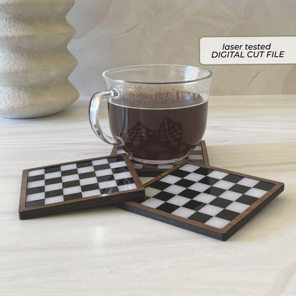 Checkerboard coaster SVG laser cut file shown as layered black-and-white acrylic coasters with a rounded wood border